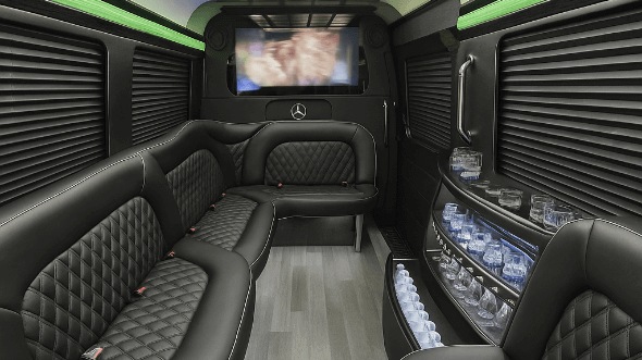 Interior of Aurora Party Bus Company's 14 Passenger Sprinter Limousine in Aurora